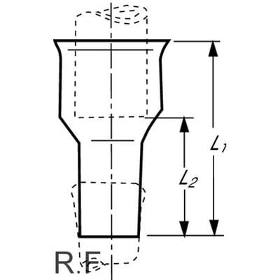 Teknisk tegning af Loro overgangsnippel med dimensioner L1 og L2 vist med stiplede linjer for rør.