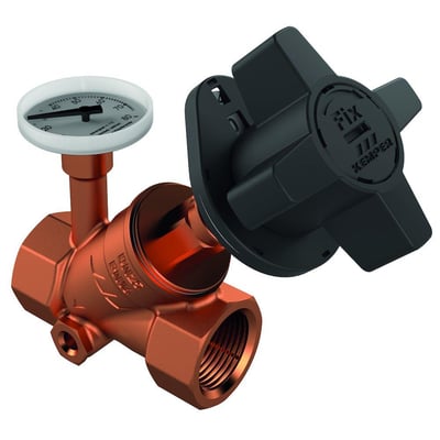 Kemper Multi Fix+ cirkulationsventil i rødgods med sort indstillingsgreb og termometer, 3/4", DN 20.