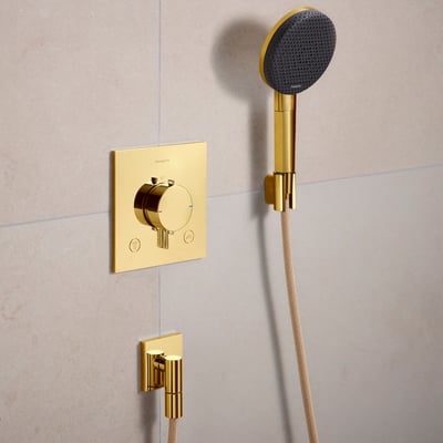 Hansgrohe Raindance Alive Select S brusesæt i skinnende guld med grafitfarvet brusertallerken monteret på en lys, neutral væg.
