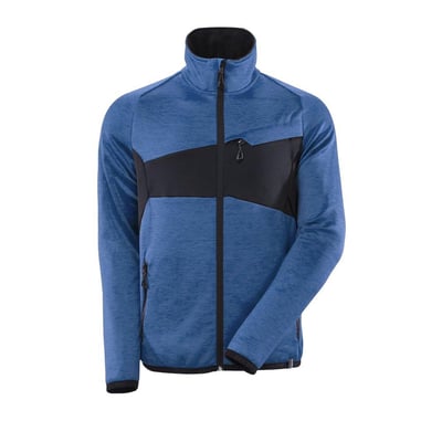 Frontbillede af Mascot Fleece Accelerate jakke i azurblå og sort, viser fuld lynlås, krave og logo detaljer.
