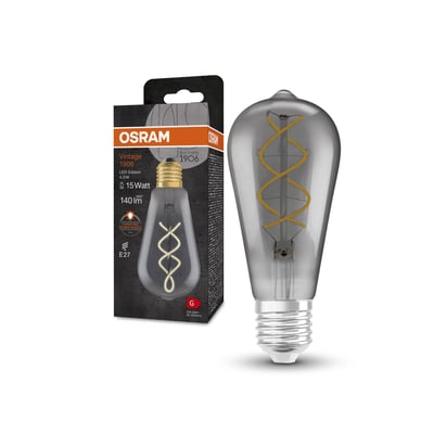 Osram Ledvance 1906 Edison Smoke Spiral Filament pære med E27 fatning, 4W og energiklasse G, vist med emballage.