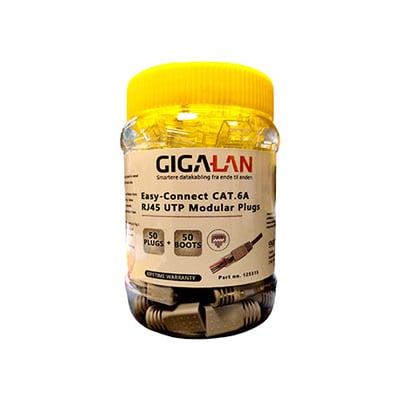 GIGALAN Easy-Connect RJ45 Kat.6A UTP modular plugs og boots i en klar plastbeholder med gul låg.
