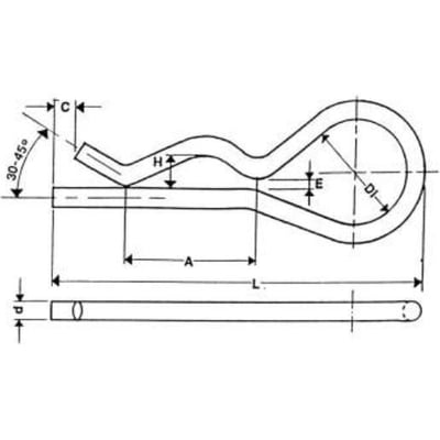 Teknisk tegning af fjedersplit type B med dimensioner som L, D, A, E, DI, H og C samt vinkel 30-45 grader.