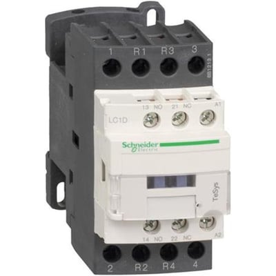 Schneider Electric TeSys D kontaktor set fra siden, 18A, 230V AC spole, viser mærkning og tilslutningsterminaler.