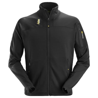 Detaljeret billede af sort Snickers Workwear microfleece jakke i str. XS med synlige lynlåse og logo på brystet.