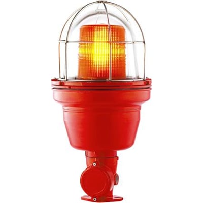 Sirena EX blinklampe i orange med beskyttende metalbur, designet til 12/24V AC/DC og eksplosionsfarlige områder.