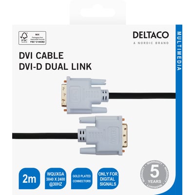 Emballagen til Deltaco DVI-D dual link-kabel på 2 meter viser det sorte kabel og dets stik.