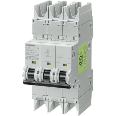 Siemens SENTRON 5SJ4 automatsikring med tre poler, 35 A og 10 kA, set skråt forfra med gråt kabinet og grøn sidemærkning.