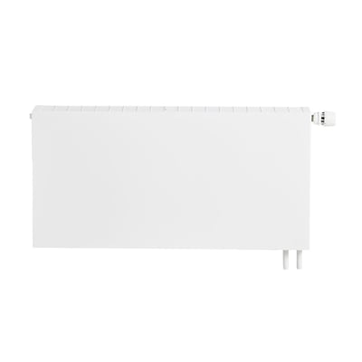Hvid Unite Plan radiator i størrelse H600 T22 L1200 med glat front og synlig ventil til højre.