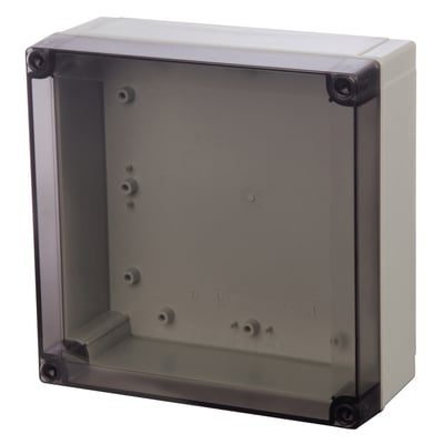 Fibox MNX kabinet 180x180x75 mm med transparent røgfarvet polycarbonat dæksel og grå bund.