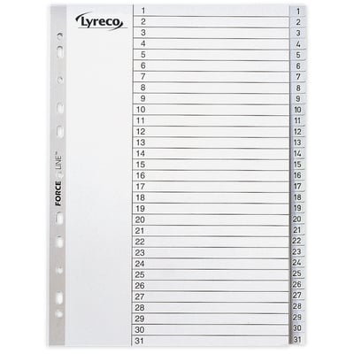Lyreco register i A4-format, fremstillet af grå PP-plast med 120 my tykkelse og Force-Line hulforstærkning, numreret 1-31.