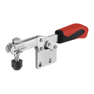 AMF 6832-2 vandretspænder i metal med rød og sort ergonomisk håndtag og trykskrue. Produktdetaljer er tydelige.