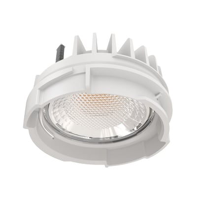 Ansell Lighting Prism Pro XM anti-blændende erstatningslyskilde med rund reflektor og køleribber, set nedefra.