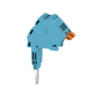 Weidmüller hjælpetilslutning til 6 mm² med to forbindelser, vist skråt med blå krop og orange tilslutningsgreb.
