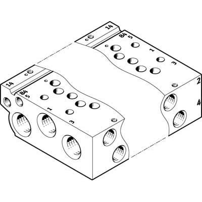 Festo manifold rail VABM-L1-14W-G14-12 viser flere porte og markeringer i en isometrisk tegning.