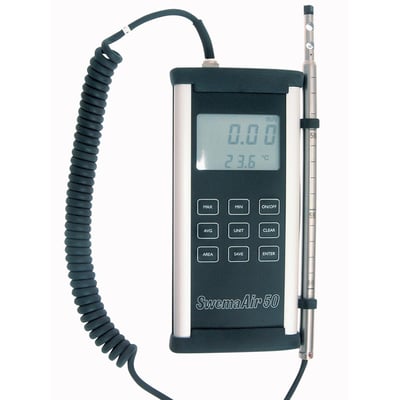 SwemaAir 50 varmetrådsanemometer med tilsluttet teleskopprobe og tydeligt display, der viser 0.00 m/s og 23.6 grader Celsius.