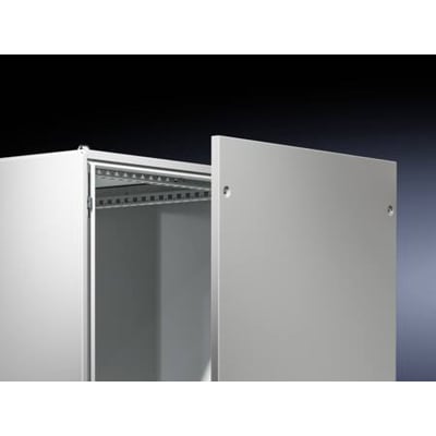 Rittal sideplade VX med skruemontering, 1600x800 mm, vist med en del af et gråt elskab og synlige skruehuller.