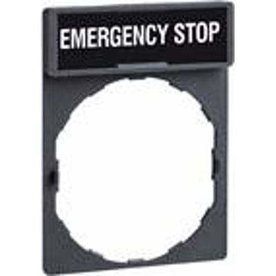 Schneider Electric Skilteholder I/SKILT ZBY2330 med krom frontring og 'EMERGENCY STOP' tekst på sort baggrund, Ø 22 mm.