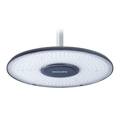 Philips CoreLine Highbay BY121P industriarmatur med rund LED-flade og grå kant, set nedefra; 25.000 lm og 130 W.