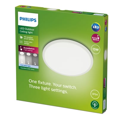 Philips LED Outdoor Ceiling light Superslim lampe med Sceneswitch i hvid med 15W effekt og IP54 klassificering.