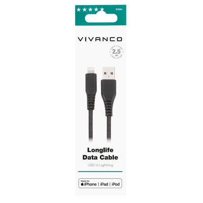 Vivanco Longlife Lightning USB-kabel 2,5m i sort, præsenteret i originalemballage med MFI-certificering for iPhone, iPad og iPod.