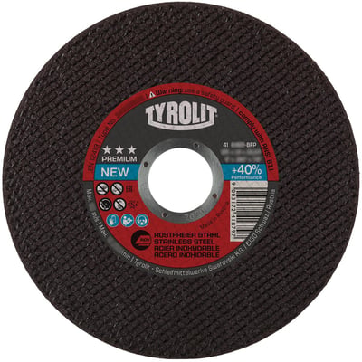 Tyrolit Premium skæreskive til rustfrit stål, rund og mørk med rød mærkat, 115 x 0,75 x 22,23 mm.