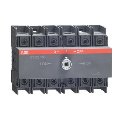 ABB 3-polet omskifter 1-0-2, model OT125F3C, 100A, vist med front og tydelig 1-0-2 markering.