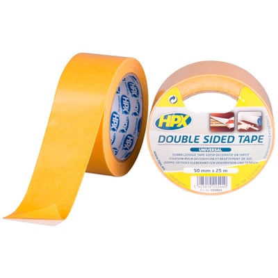 HPX dobbeltklæbende tæppe-gulvtape i rulle med udfoldet strimmel og emballageetiket, 50 mm x 25 m.