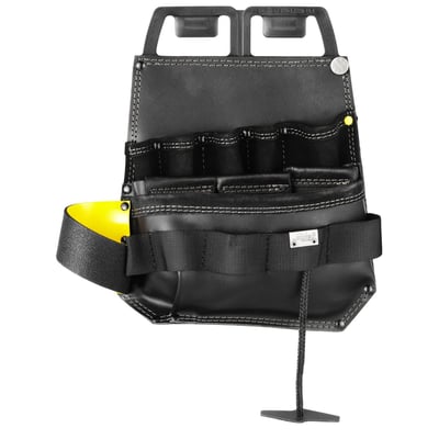 Detaljeret billede af Snickers Workwear elektriker værktøjsholder model 9785 i sort læder med gul hammerholder.