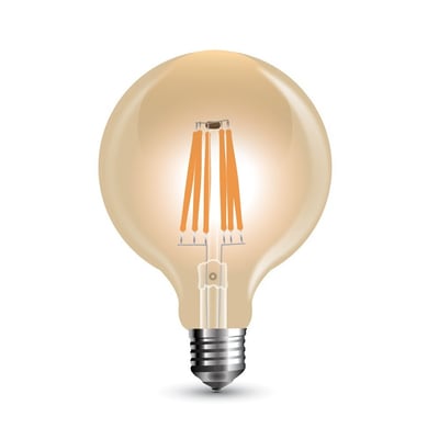 V-TAC 8W LED globepære med kultråd, E27 fatning og Ø12,5 cm diameter, viser pæren med tændt filament.