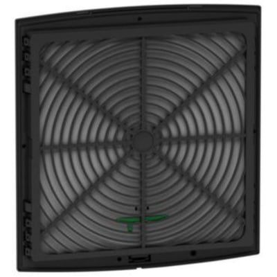 Schneider Electric ClimaSys Smart rist G2, 125x125mm, viser den sorte ramme med koncentriske riller og grønt håndtag.
