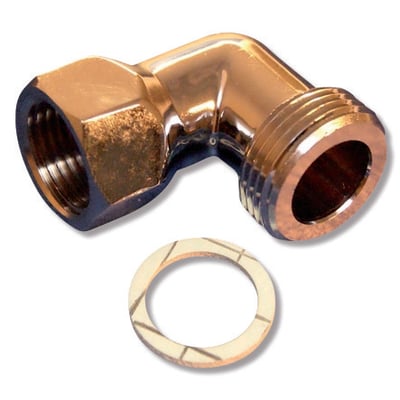Forkromet vinkeltilgangsstykke med 3/4" indvendig gevind og 1/2" udvendig gevind, inklusive tætningsring.