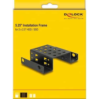 DeLock installationsramme til 2 x 2,5″ i en 5,25″-plads ses på gul emballage med produktnavn.