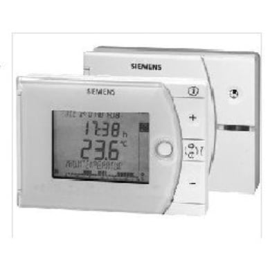 Siemens REV24RF/SET rumtermostat RF sæt med hvid front, viser tid og temperatur på digital skærm og knapper.