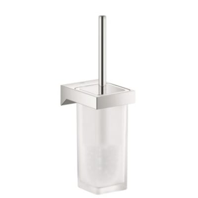 Væghængt Grohe Selection Cube toiletbørsteholder, vist fra siden, fremstillet i forkromet metal og glas.