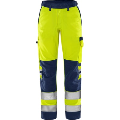 Kansas Fristads Green damebukser i Hi-Vis gul og marineblå, str. 36, med reflekser og flere lommer.