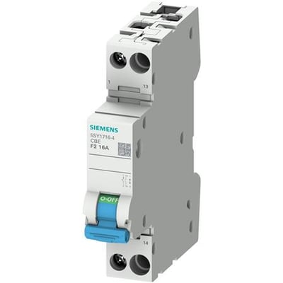 Siemens 1-polet automatsikring med F2 karakteristisk og 16A, har en blå/grøn afbryder mærket O-OFF.