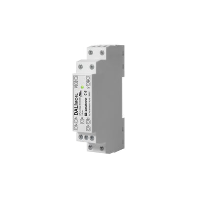 Jumitech DALI input modul, hvidt DIN-skinne modul til 230V afbryder, med 4 programmerbare indgange og grøn LED.
