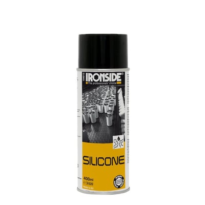Ironside siliconespray på 400 ml i gul og hvid spraydåse med sort hætte, set forfra.