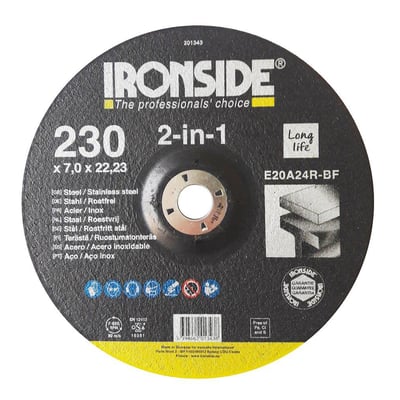 Sort Ironside 2-in-1 skrubskive med gult felt, forsat center og mærkning til stål og rustfrit stål.