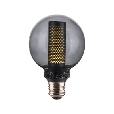 Halo Design COLORS CORE Smoke LED lyskilde med røgfarvet glas, cylindrisk mønstret indsats og E27 fatning på hvid baggrund.