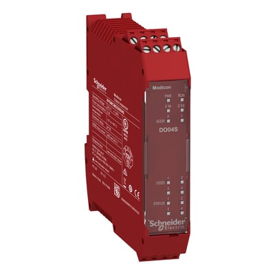 Schneider Electric Modicon XPSMCMC10804 sikkerhedsudvidelsesmodul i rød, med klare statusindikatorer og terminaler.
