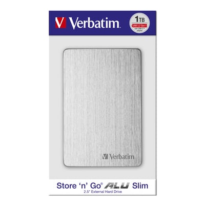 Verbatim Store ’n’ Go ALU slim ekstern harddisk på 1 TB i sølv ses på emballagen med angivelse af USB 3.2 Gen 1.