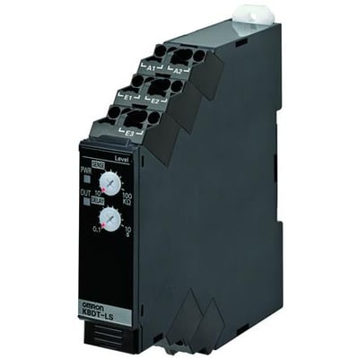 Omron niveauregulator 17,5 mm, model K8DT-LS, med justerbar resistans fra 10k til 100k Ohm og delay.