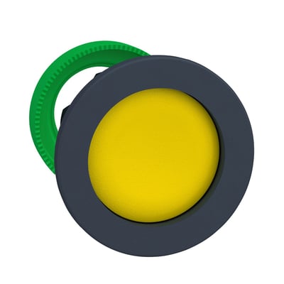 Schneider Electric Harmony ZB5FA56 trykknaphoved i gul, sænket design med grøn bagmonteringsring.
