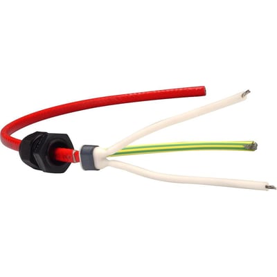 Raychem M25 tilslutningssæt monteret på et rødt kabel, viser kabelgennemføring og isolerede ledere.