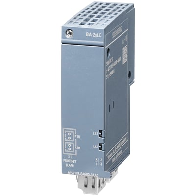 Siemens SIMATIC BUSADAPTER BA LC/FC mediekonverter med 1x LC glasfiber og 1x FastConnect socket til Profinet, vist forfra.