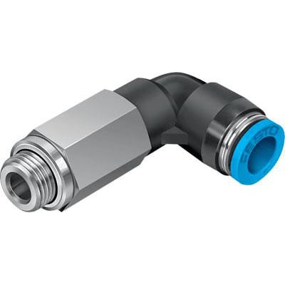Festo QSLL-G1/4-8 lang vinkelforskruning med push-in funktion, 360 graders justerbar, 4,6 mm nominel størrelse og blå ende.