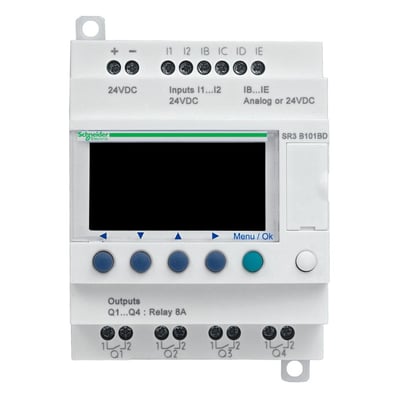 Schneider Electric Zelio Logic SR3B kompakt smart relæ med 24V DC forsyning, 10 I/Os og LCD-display set forfra.