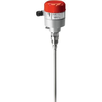Danfoss væskeniveauføler AKS 4100 med 1500 mm indbygningslængde, G 1 tomme tilslutning og rød/sølv farvet top.
